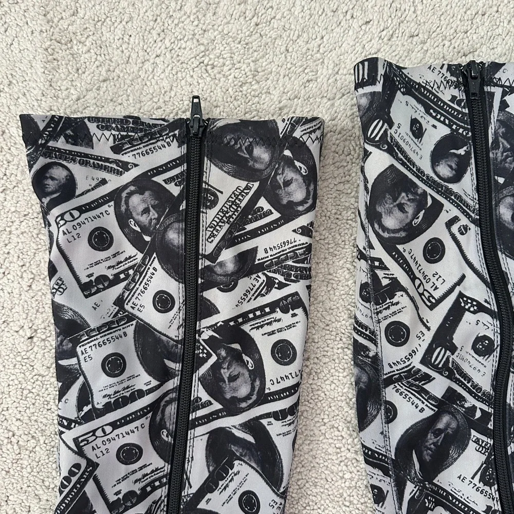 Pleaser Flamingo-3000DP Money Print Thigh High Platform Boots Black White 8 Inch